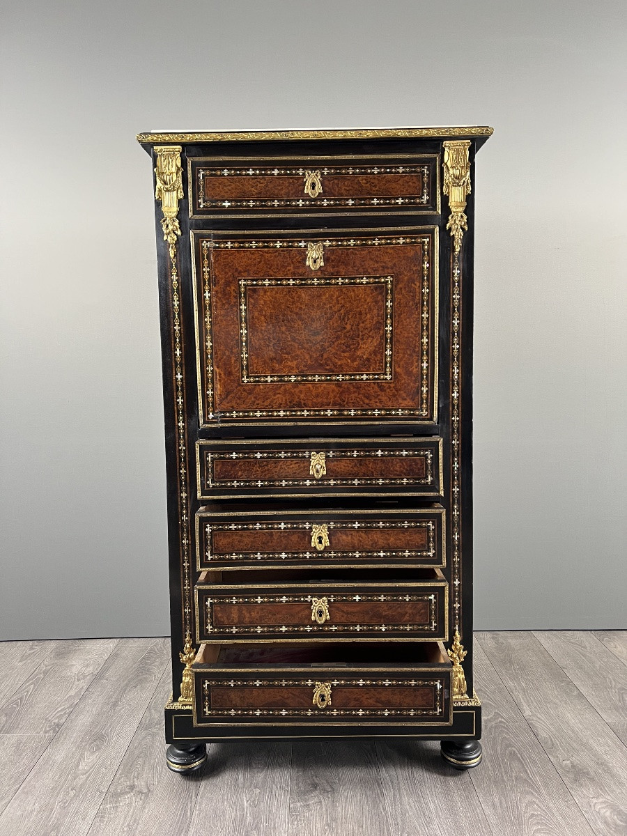 Antique Napoleon III Secretary Desk In Marquetry And Gilt Bronze, 19th Century-photo-3