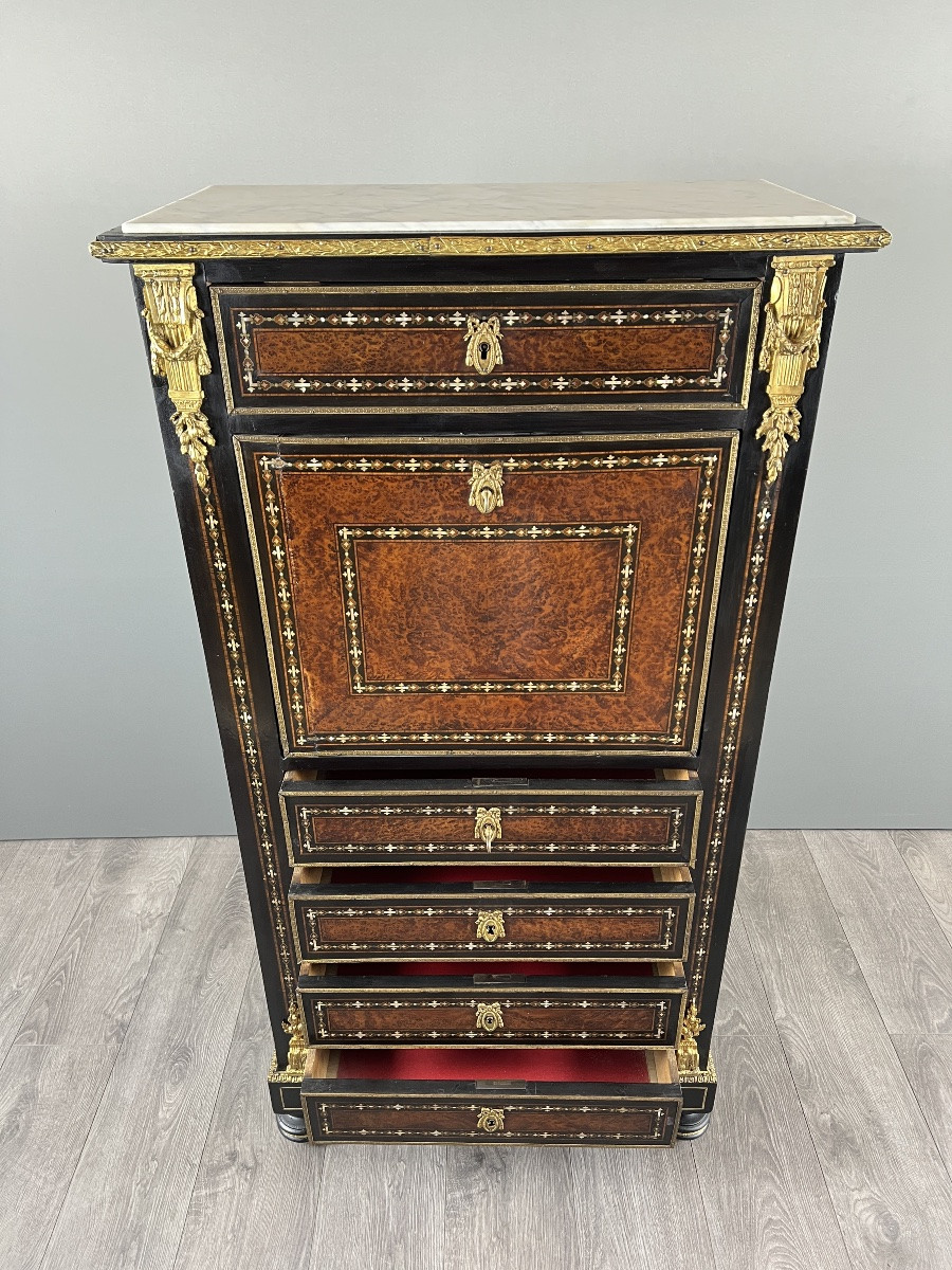 Antique Napoleon III Secretary Desk In Marquetry And Gilt Bronze, 19th Century-photo-4