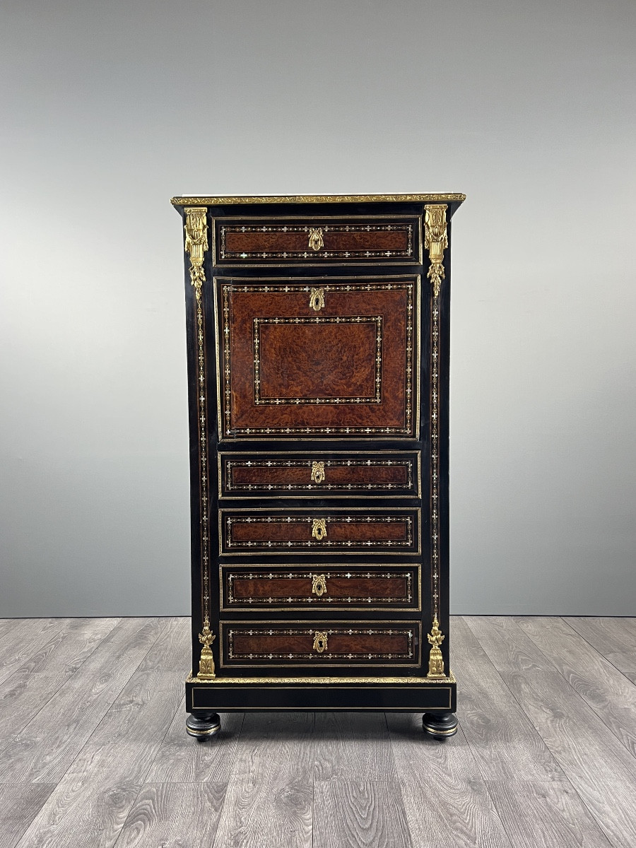 Antique Napoleon III Secretary Desk In Marquetry And Gilt Bronze, 19th Century