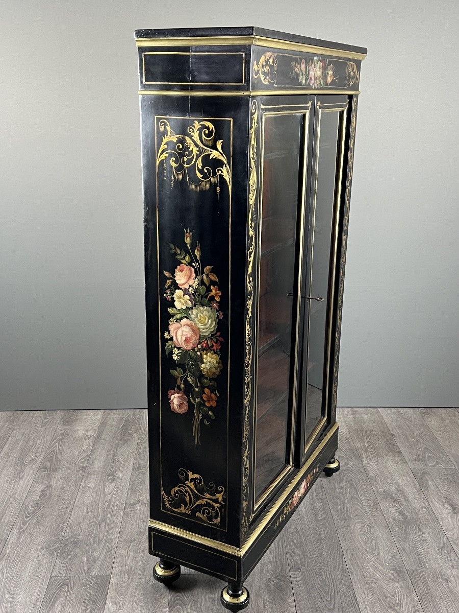 Napoleon III Display Cabinet In Black Lacquered Wood With Painted Floral Decoration, 19th Century-photo-2
