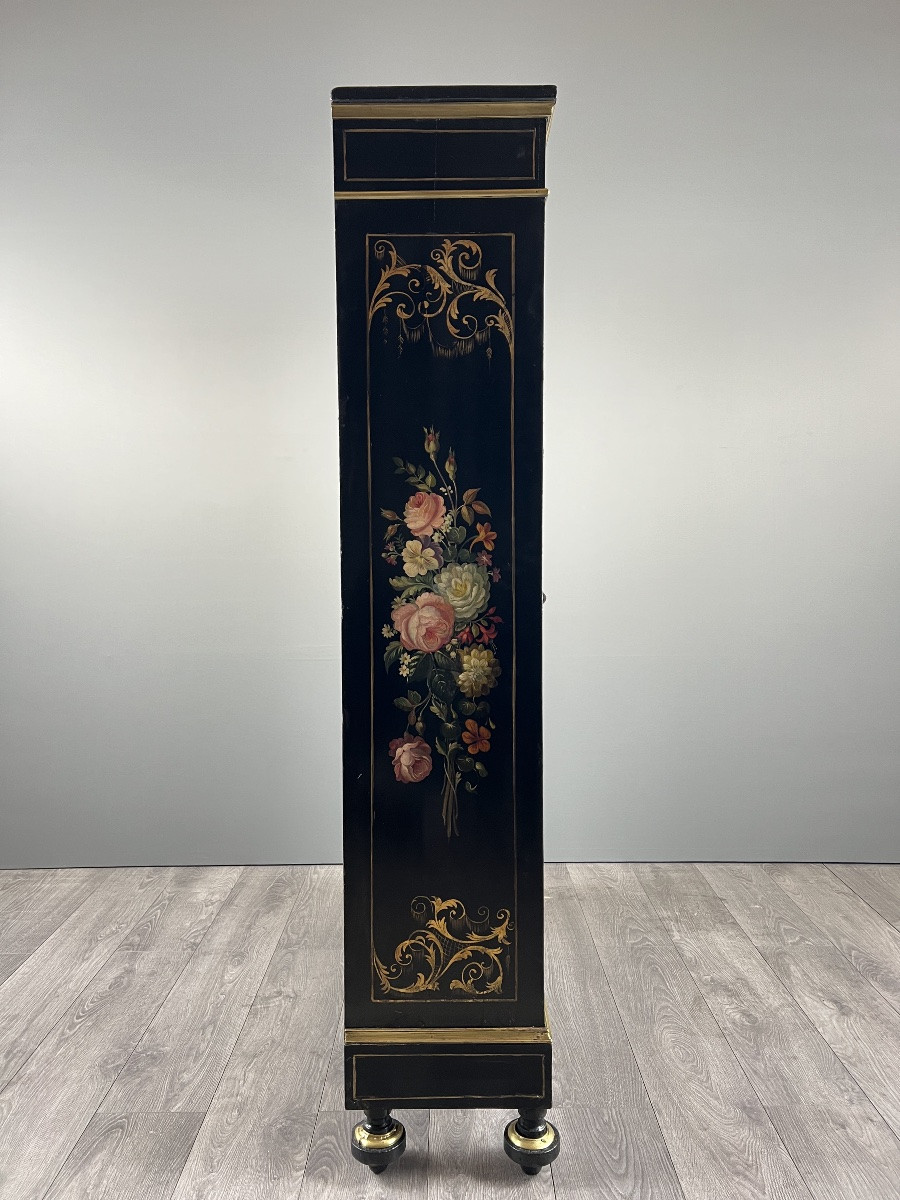 Napoleon III Display Cabinet In Black Lacquered Wood With Painted Floral Decoration, 19th Century-photo-3