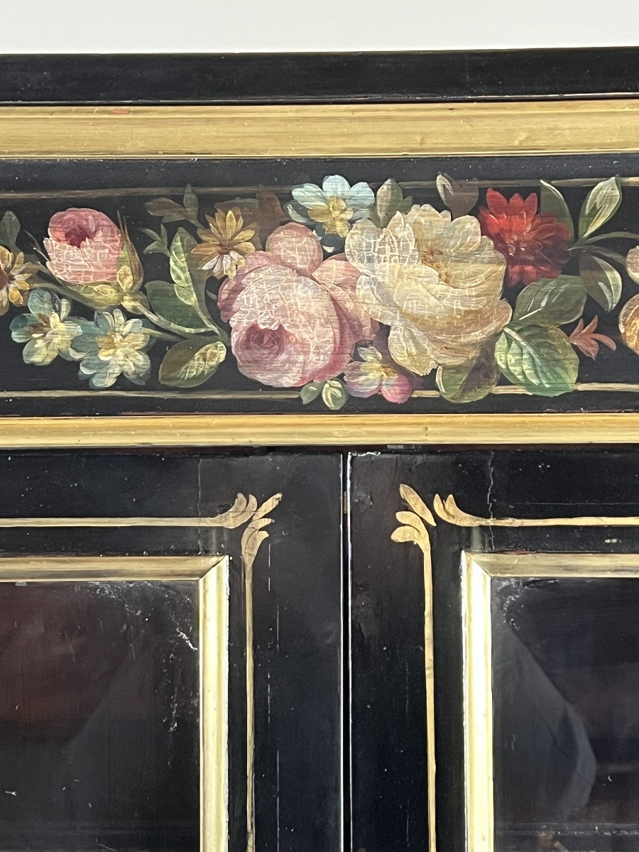 Napoleon III Display Cabinet In Black Lacquered Wood With Painted Floral Decoration, 19th Century-photo-2