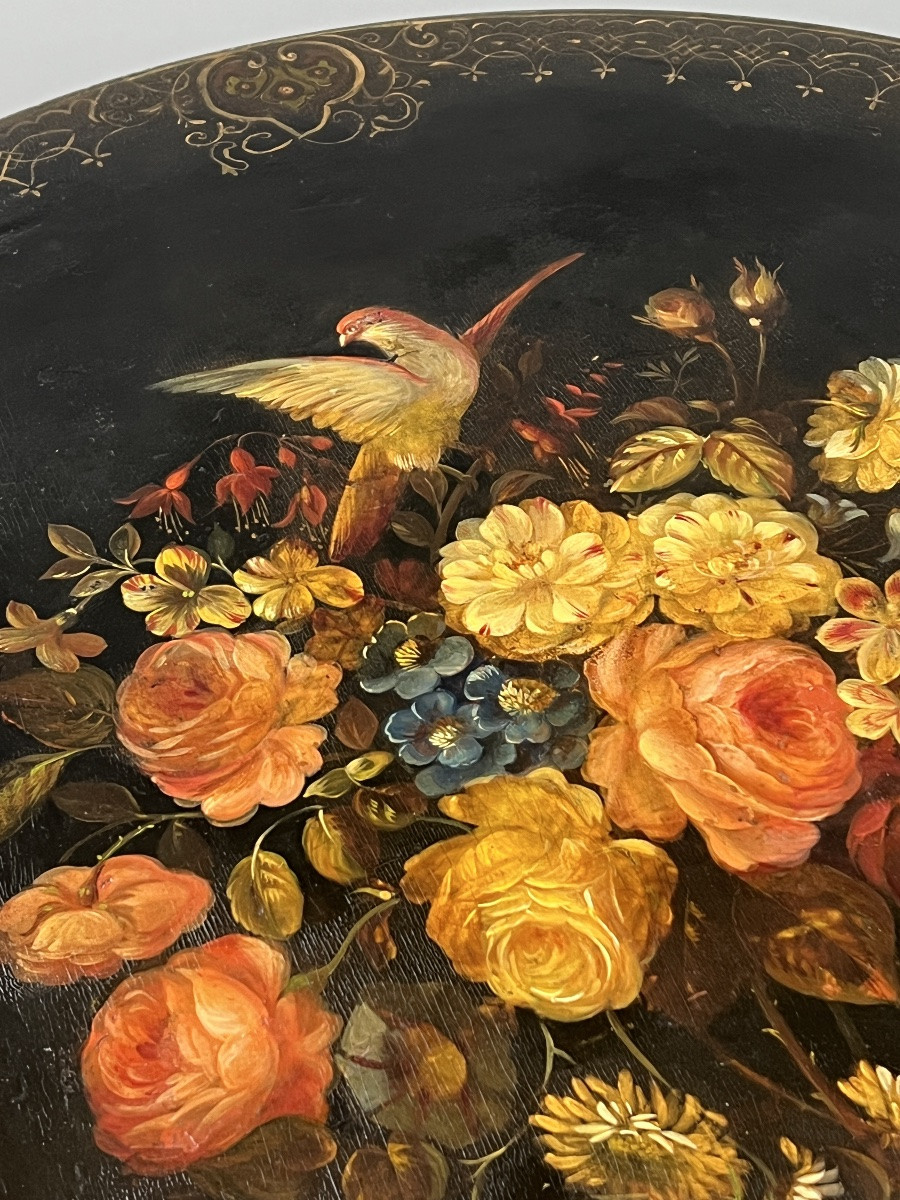 Table guéridon Napoléon III en bois laqué noir à décor peint floral, XIXe siècle-photo-3