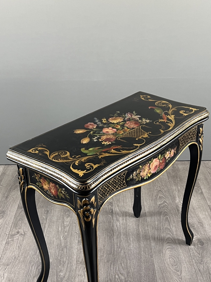 Table à jeux Napoléon III en bois laqué noir à décor peint, XIXe siècle-photo-4