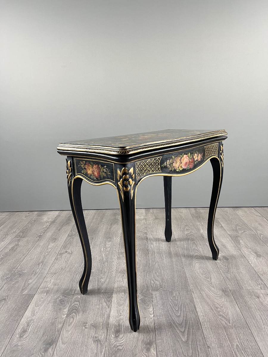 Table à jeux Napoléon III en bois laqué noir à décor peint, XIXe siècle-photo-2