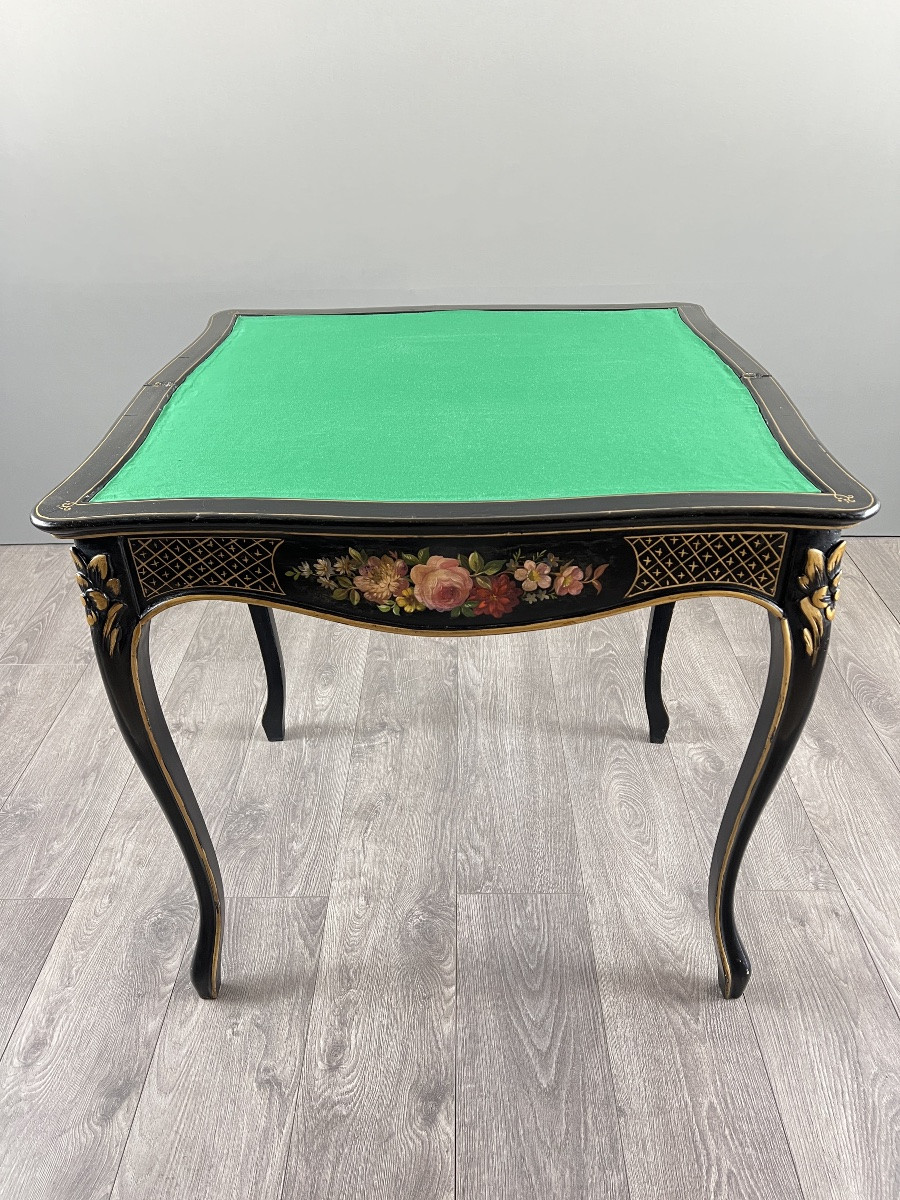 Table à jeux Napoléon III en bois laqué noir à décor peint, XIXe siècle-photo-3