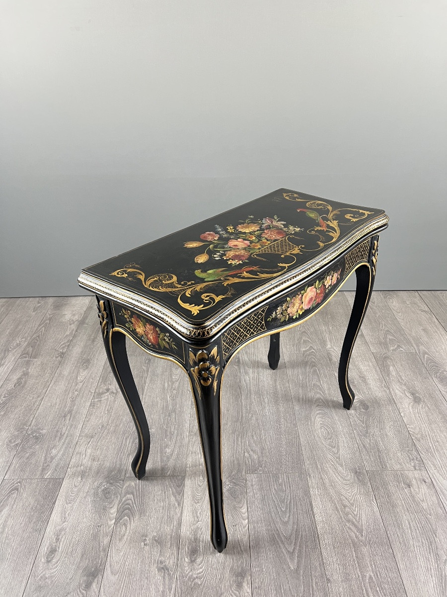 Table à jeux Napoléon III en bois laqué noir à décor peint, XIXe siècle-photo-4