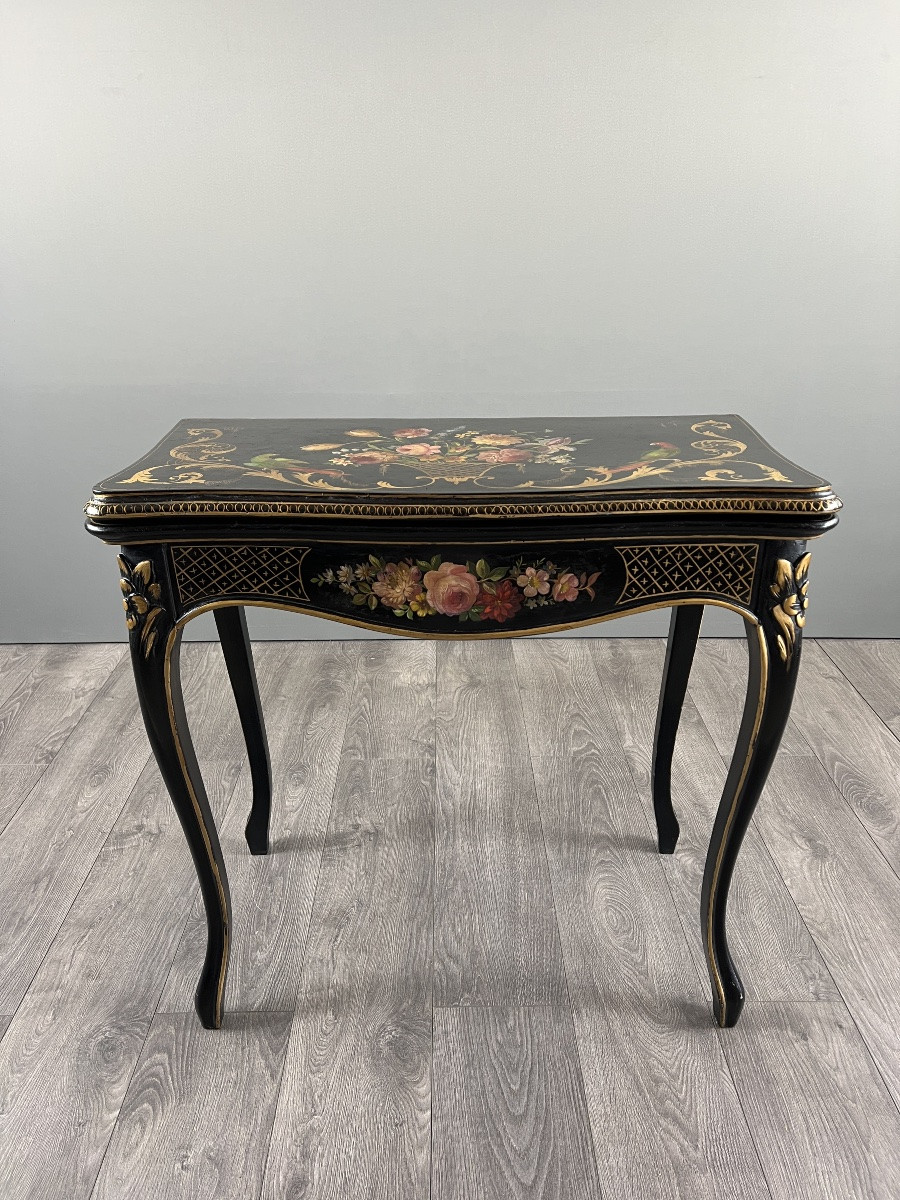 Table à jeux Napoléon III en bois laqué noir à décor peint, XIXe siècle-photo-5