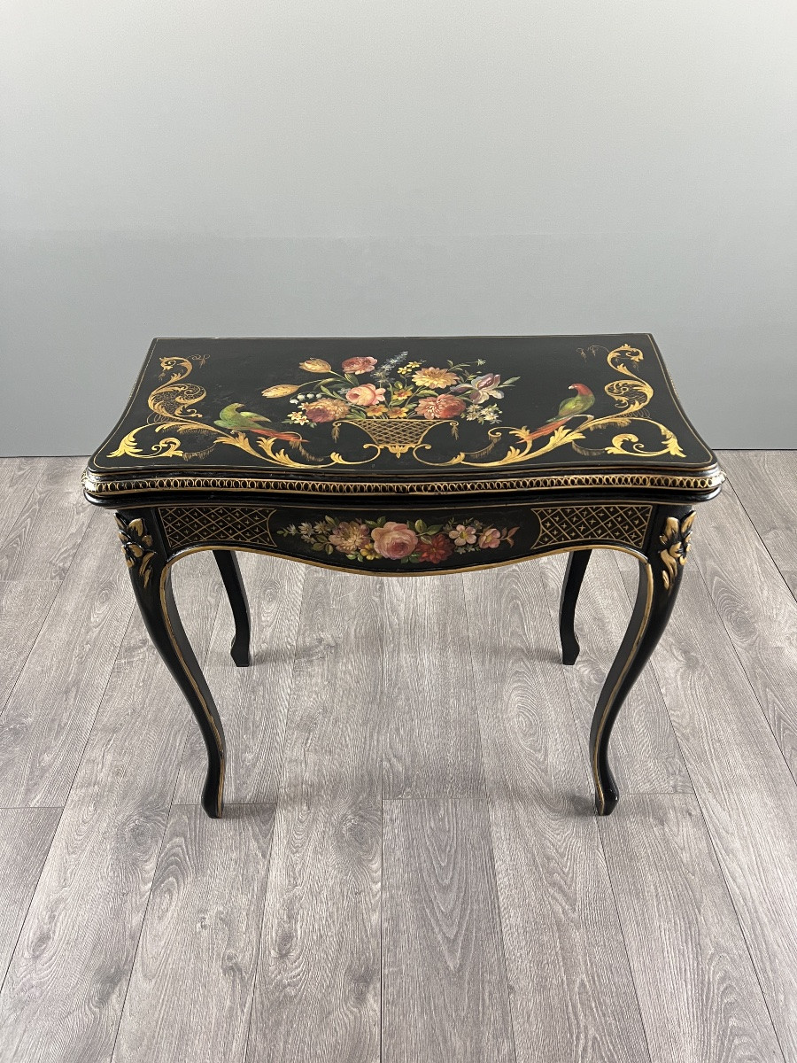 Table à jeux Napoléon III en bois laqué noir à décor peint, XIXe siècle-photo-6