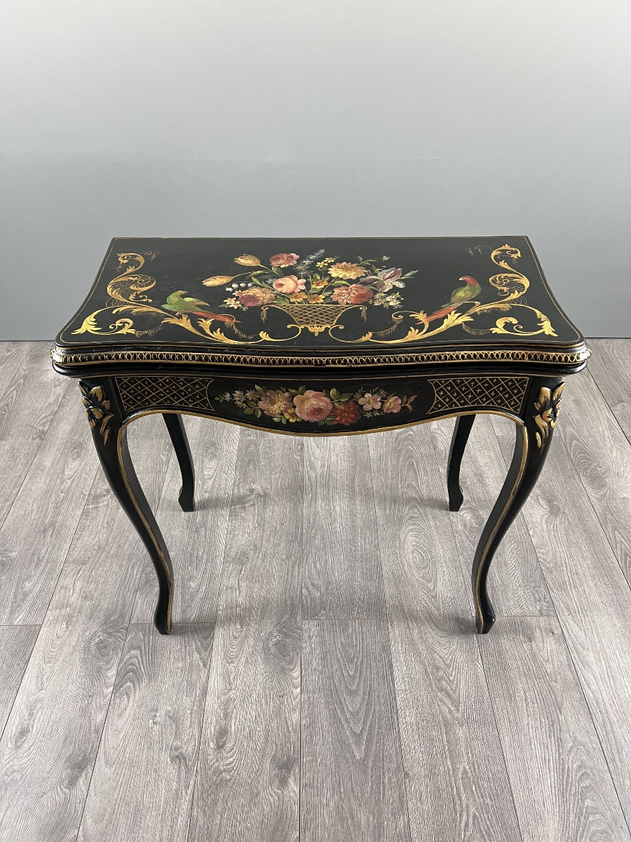 Table à jeux Napoléon III en bois laqué noir à décor peint, XIXe siècle-photo-7