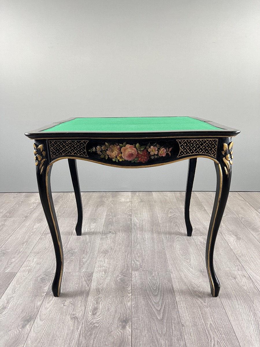 Table à jeux Napoléon III en bois laqué noir à décor peint, XIXe siècle-photo-8