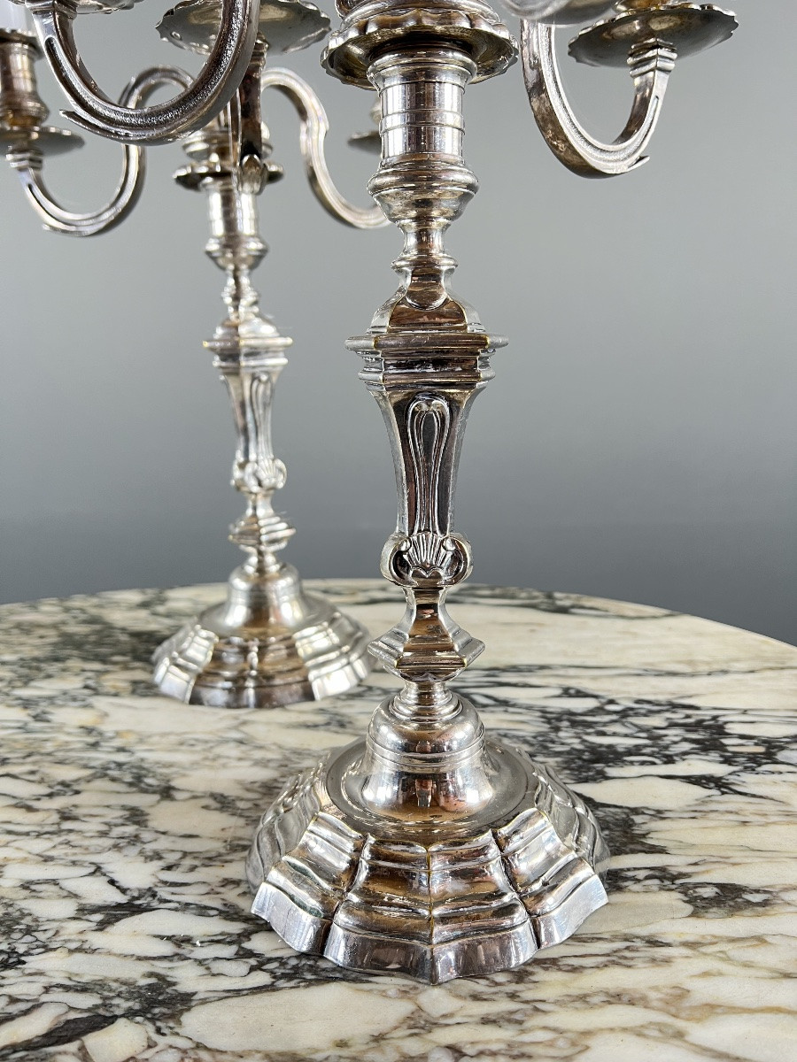 Pair Of Silver-plated Metal Candlesticks With Light Arms, 20th Century-photo-2