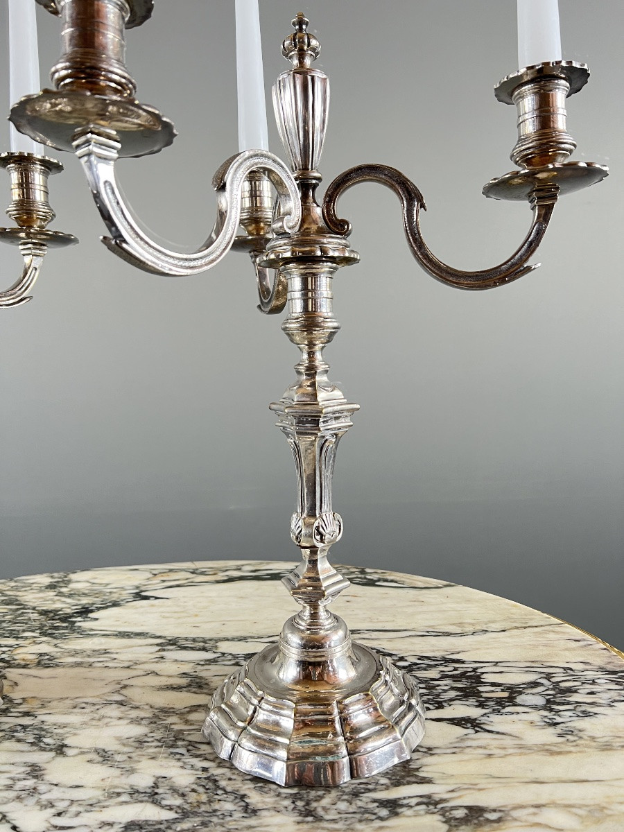 Pair Of Silver-plated Metal Candlesticks With Light Arms, 20th Century-photo-3