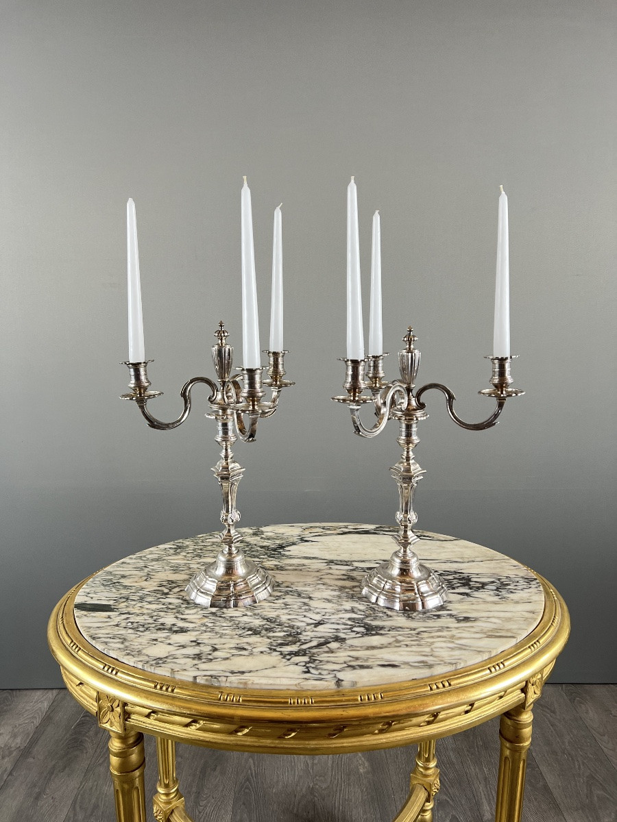 Pair Of Silver-plated Metal Candlesticks With Light Arms, 20th Century-photo-4