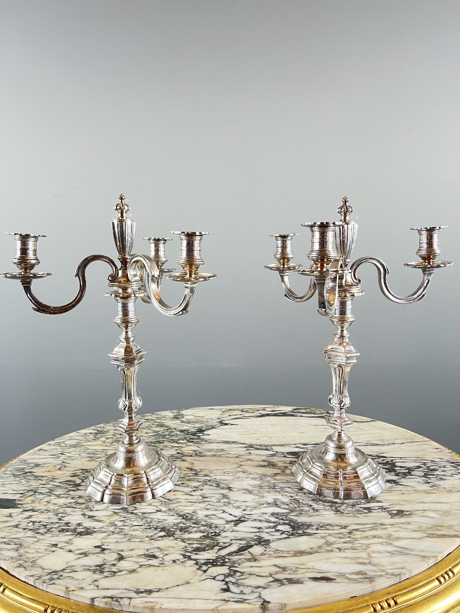 Pair Of Silver-plated Metal Candlesticks With Light Arms, 20th Century-photo-4