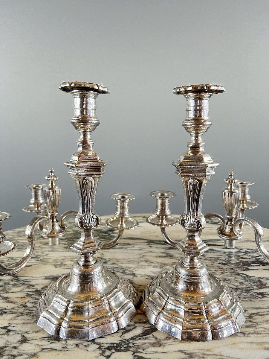 Pair Of Silver-plated Metal Candlesticks With Light Arms, 20th Century-photo-5