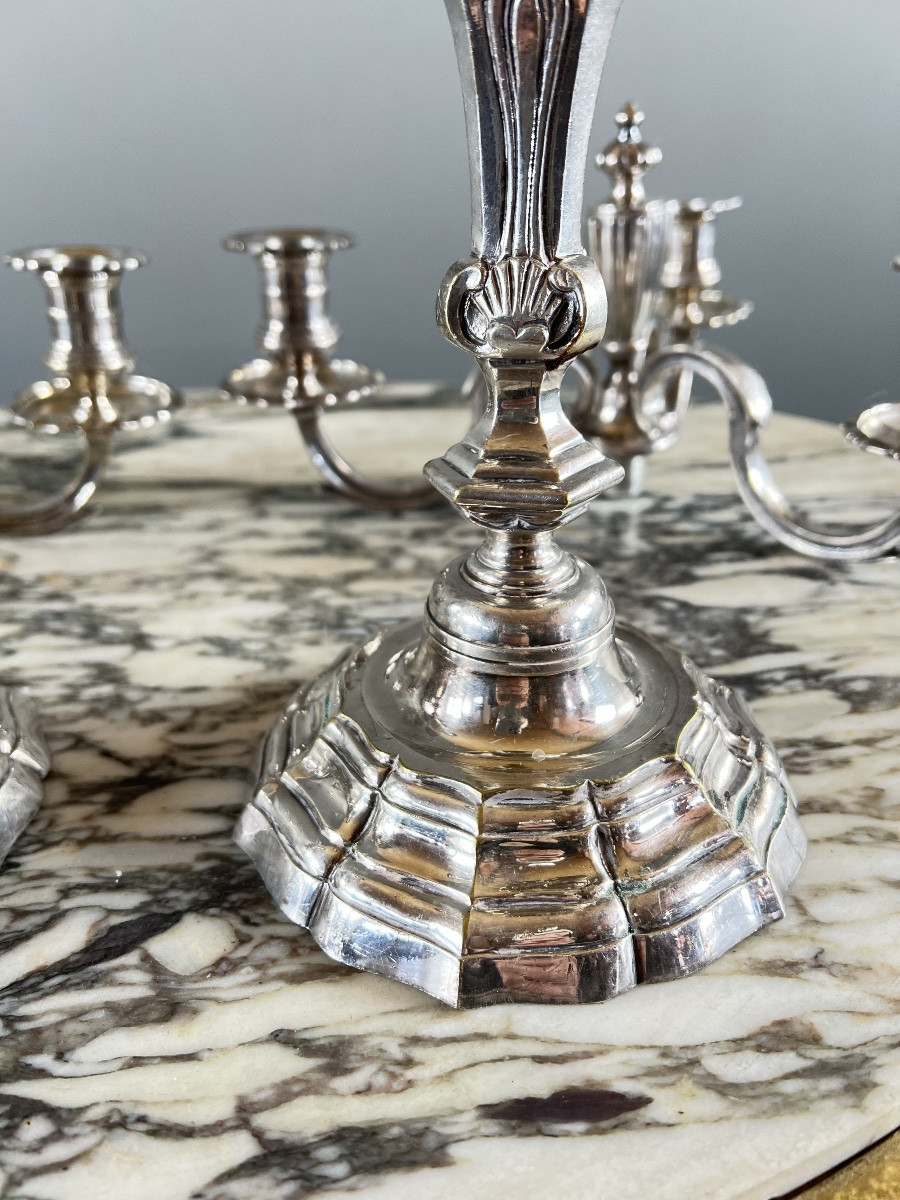 Pair Of Silver-plated Metal Candlesticks With Light Arms, 20th Century-photo-6