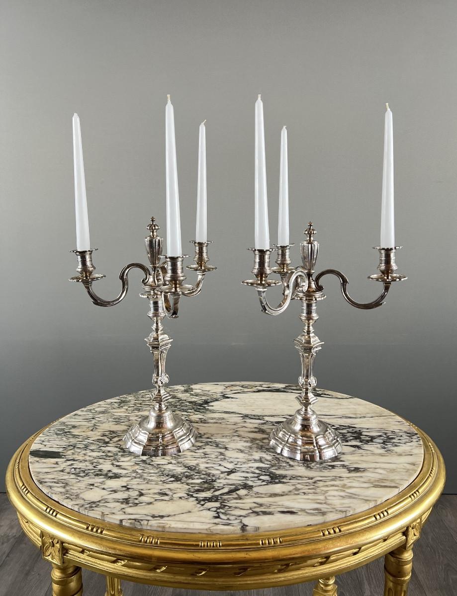 Pair Of Silver-plated Metal Candlesticks With Light Arms, 20th Century