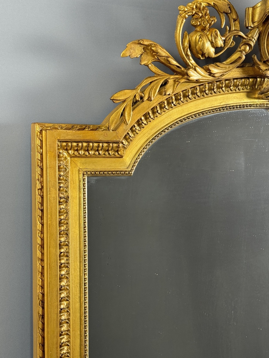 Grand miroir ancien en bois doré de style Louis XVI à fronton sculpté, XIXe siècle-photo-4