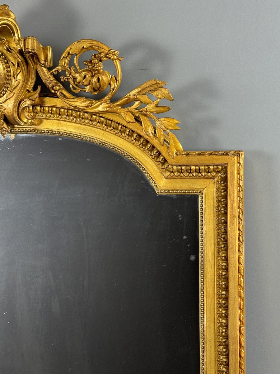 Grand miroir ancien en bois doré de style Louis XVI à fronton sculpté, XIXe siècle-photo-5