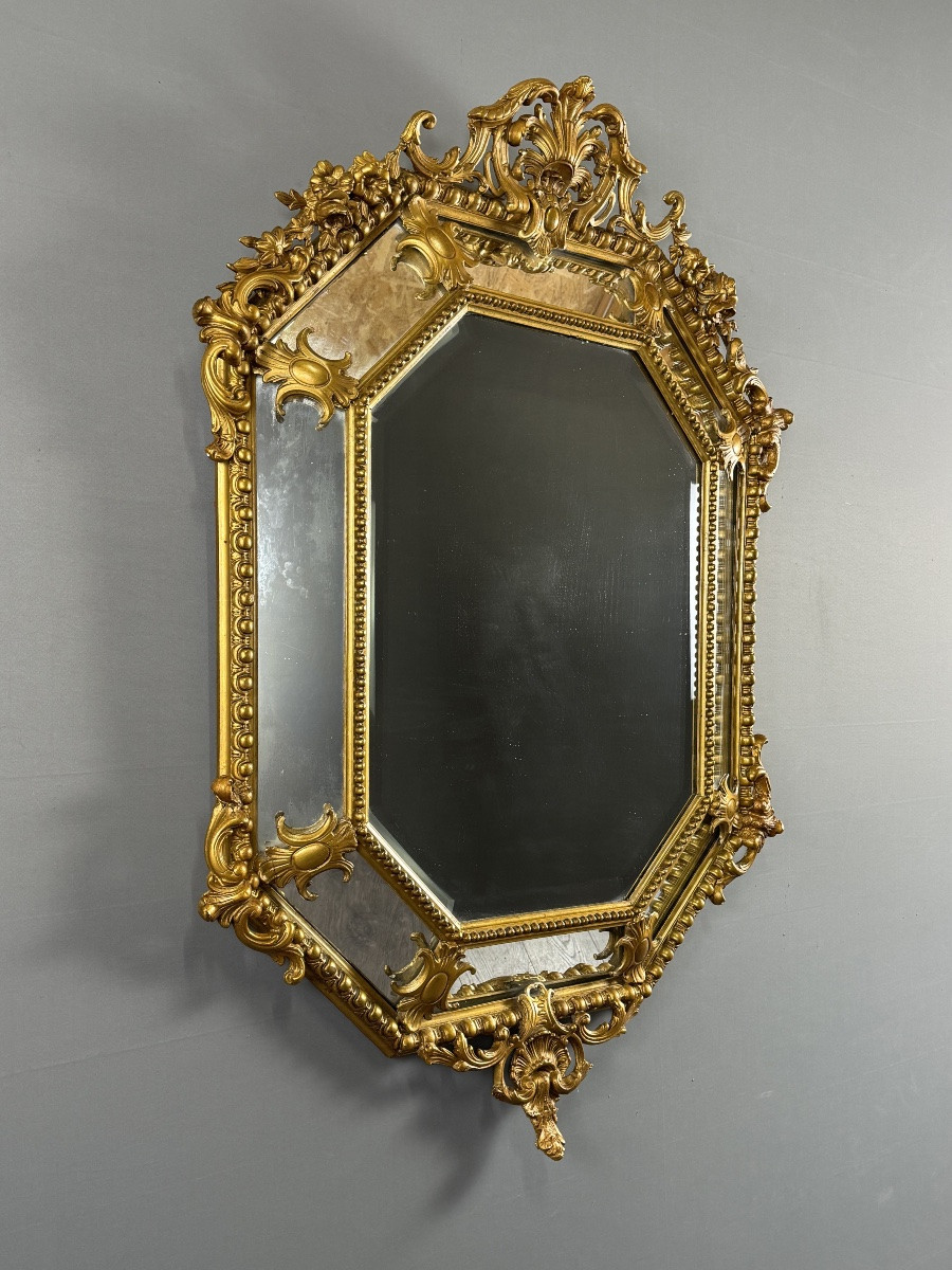 Miroir ancien octogonal en bois doré richement sculpté, style Louis XV, XIXe siècle-photo-4