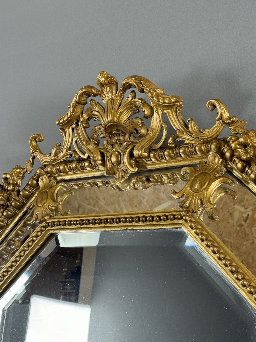 Miroir ancien octogonal en bois doré richement sculpté, style Louis XV, XIXe siècle-photo-1
