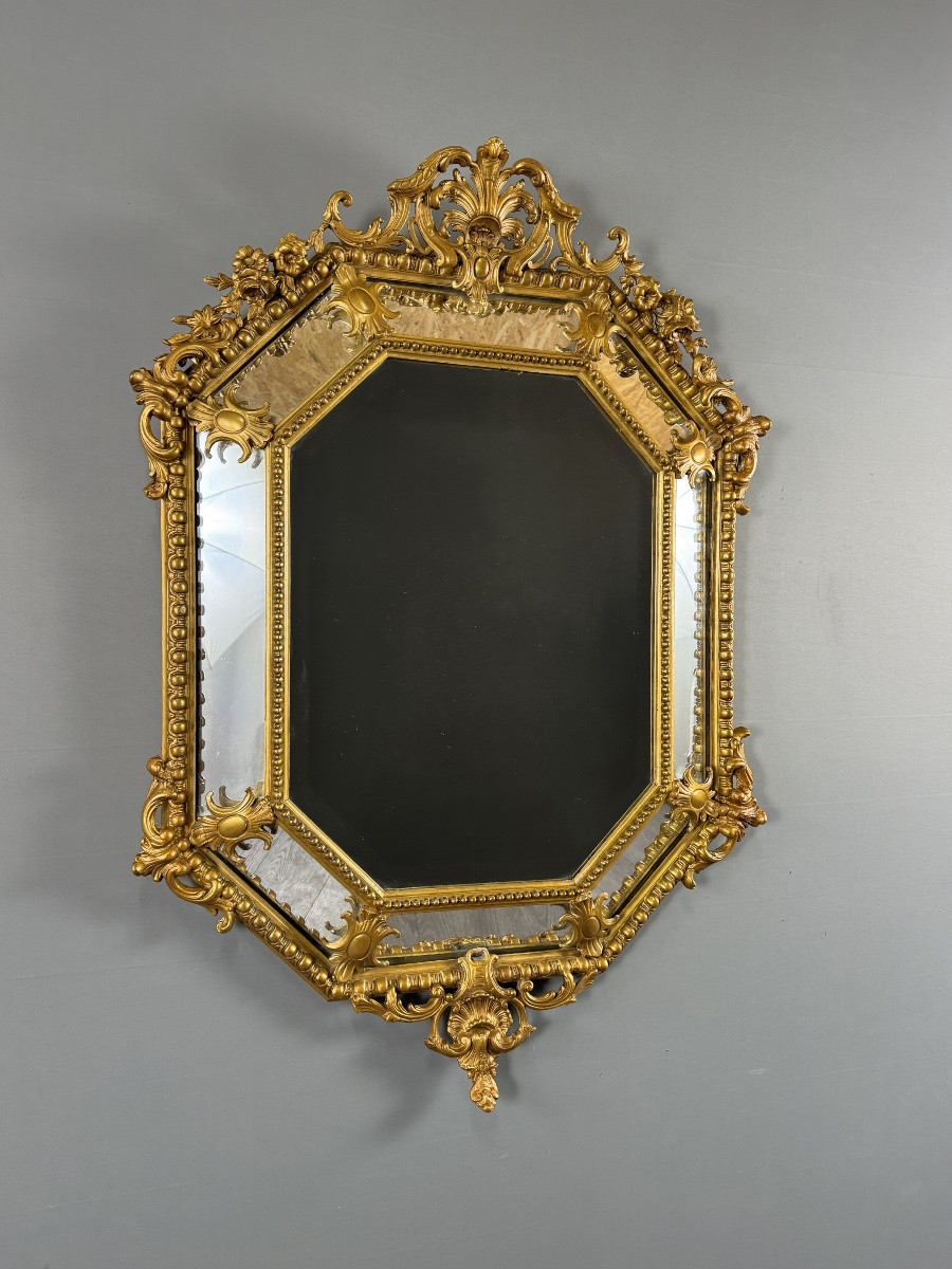 Miroir ancien octogonal en bois doré richement sculpté, style Louis XV, XIXe siècle-photo-5
