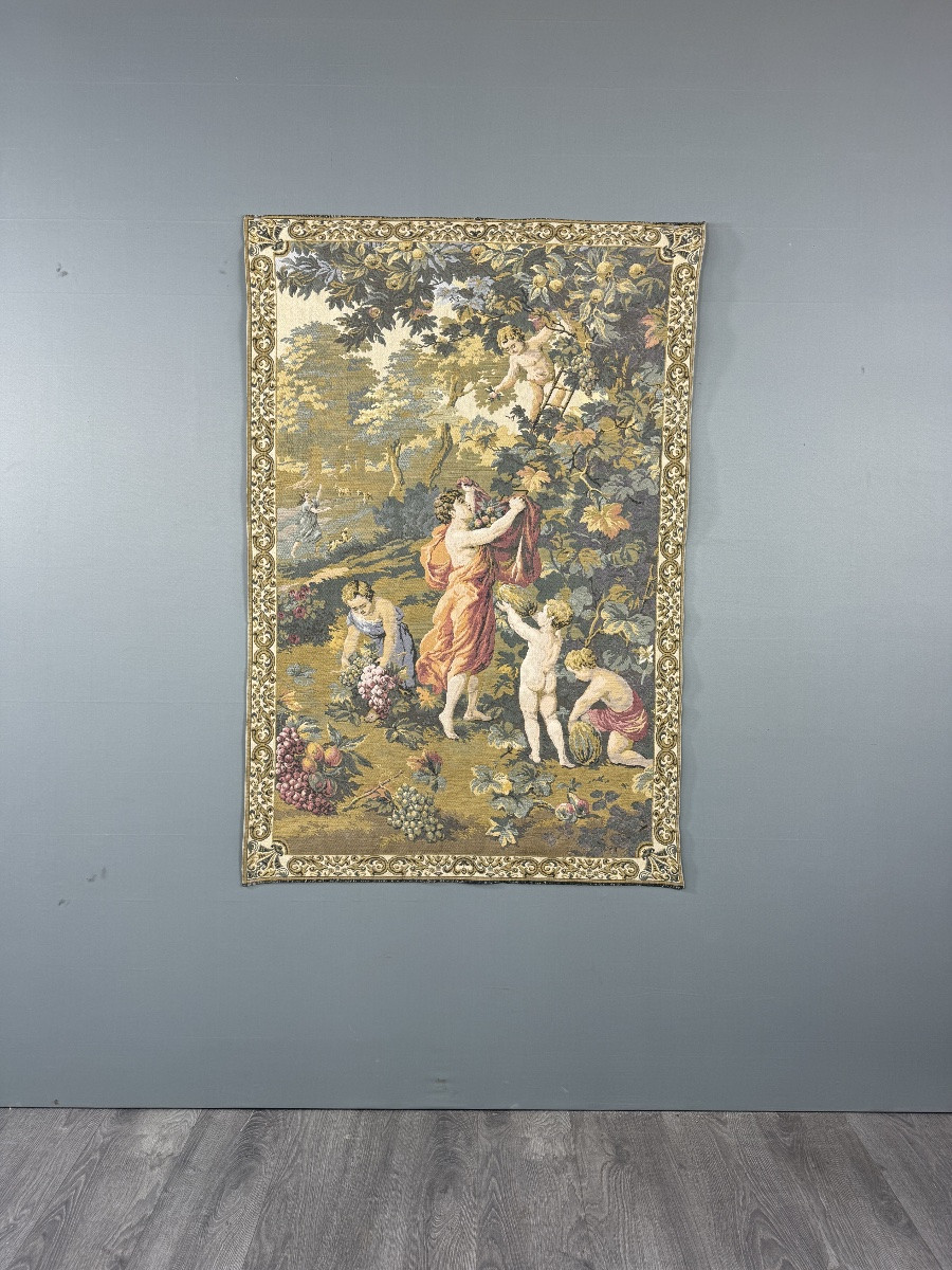 Decorative Tapestry In The Aubusson Style, Pastoral Scene With Putti And Grape Harvest, 20th Century-photo-2