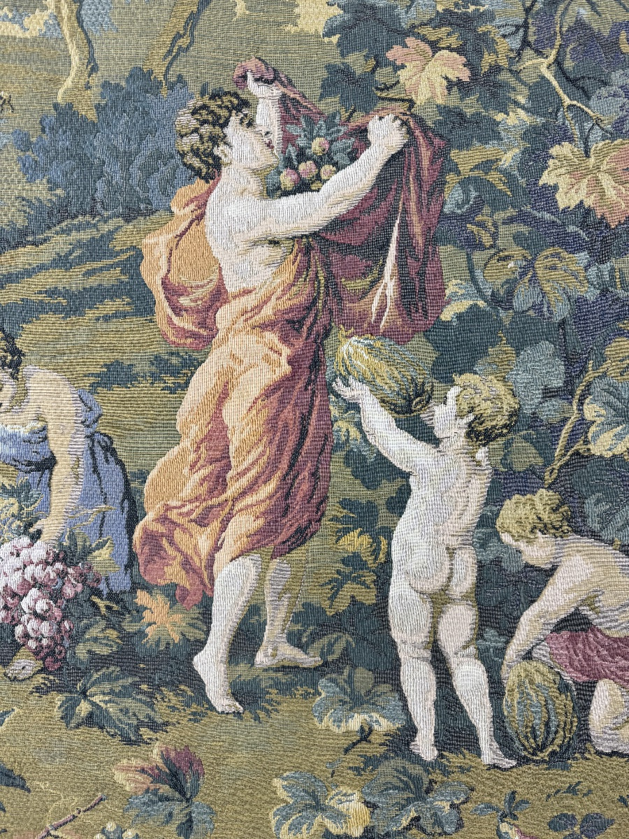 Decorative Tapestry In The Aubusson Style, Pastoral Scene With Putti And Grape Harvest, 20th Century-photo-3
