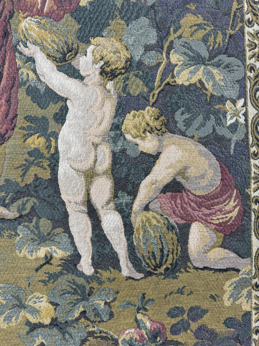 Decorative Tapestry In The Aubusson Style, Pastoral Scene With Putti And Grape Harvest, 20th Century-photo-3