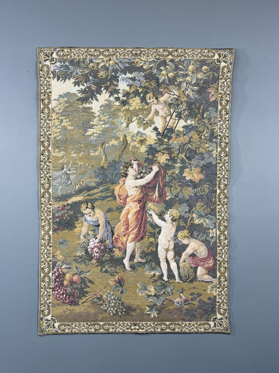 Decorative Tapestry In The Aubusson Style, Pastoral Scene With Putti And Grape Harvest, 20th Century-photo-4