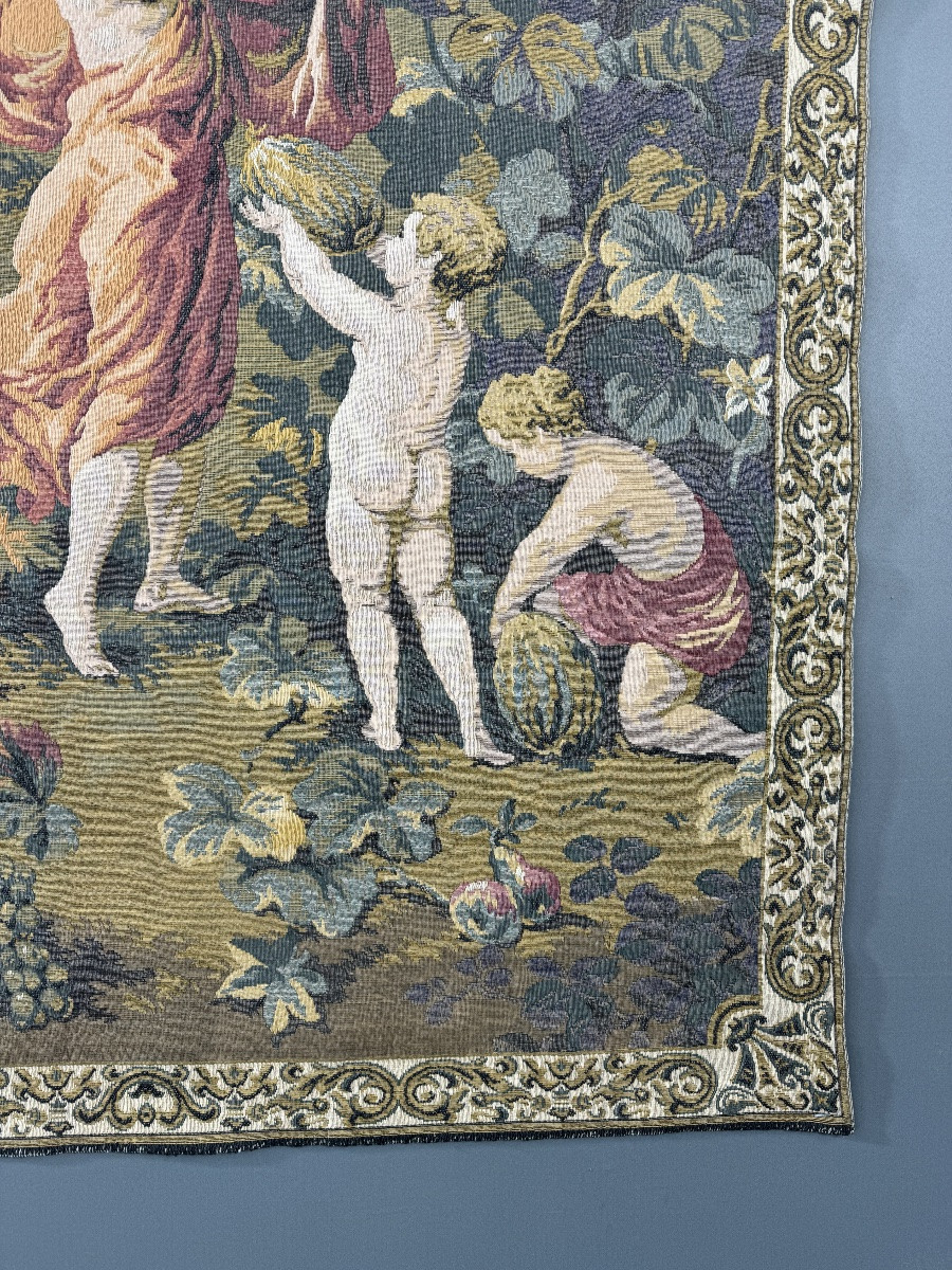 Decorative Tapestry In The Aubusson Style, Pastoral Scene With Putti And Grape Harvest, 20th Century-photo-5