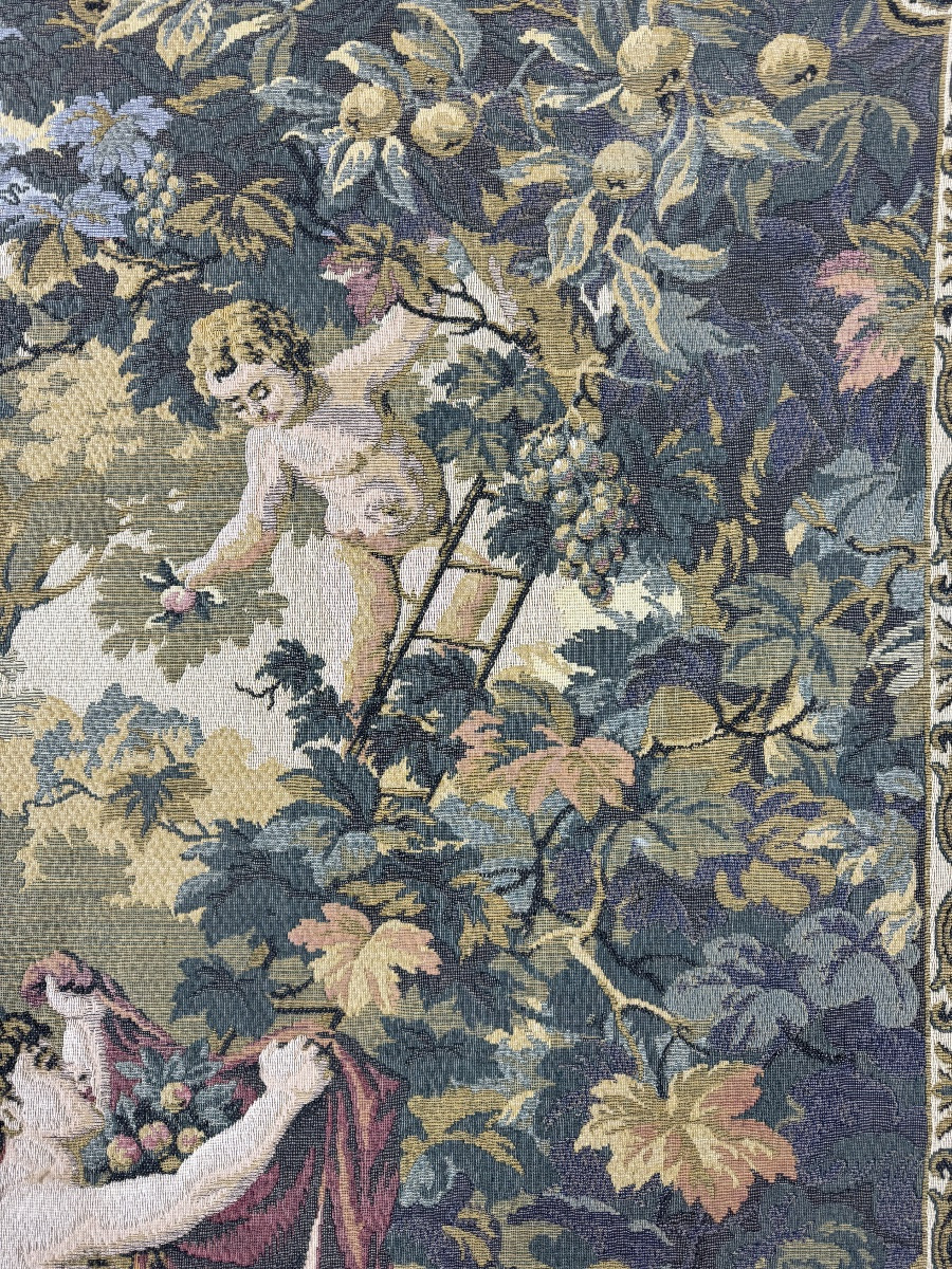 Decorative Tapestry In The Aubusson Style, Pastoral Scene With Putti And Grape Harvest, 20th Century-photo-6