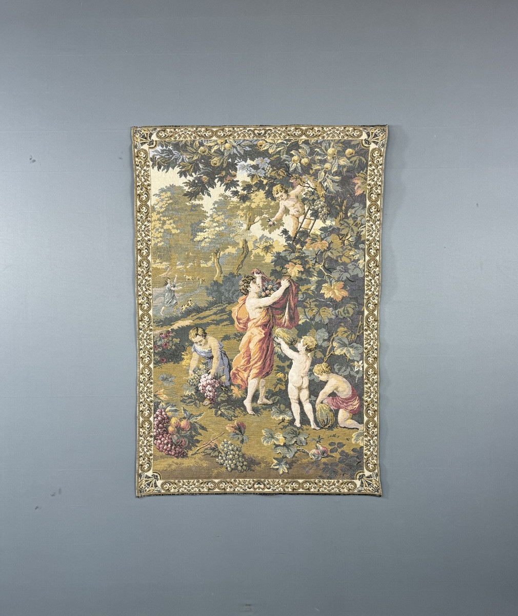 Decorative Tapestry In The Aubusson Style, Pastoral Scene With Putti And Grape Harvest, 20th Century