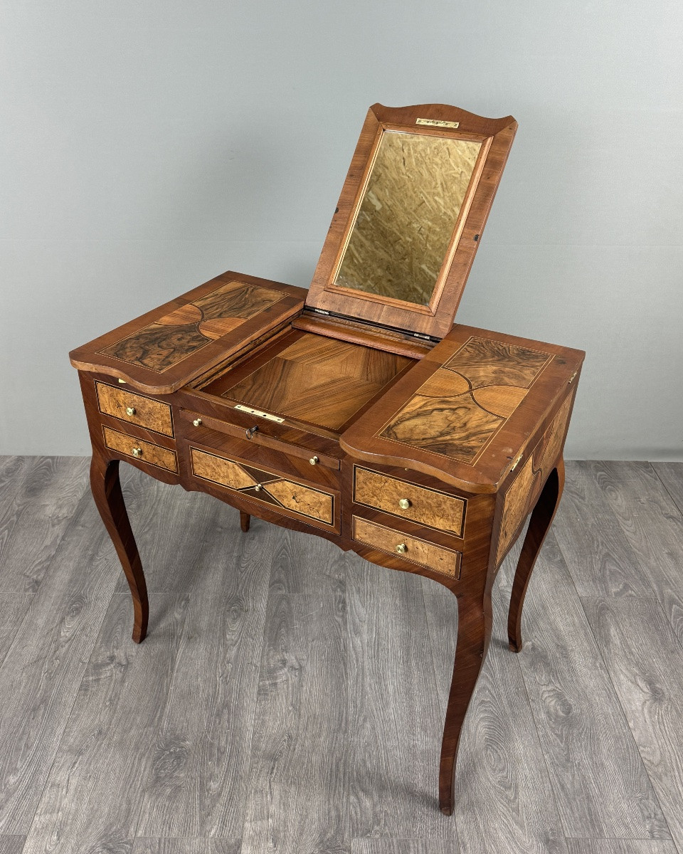 Coiffeuse En Marqueterie Style Louis XV, Table De Toilette À Miroir , XXe Siècle-photo-2