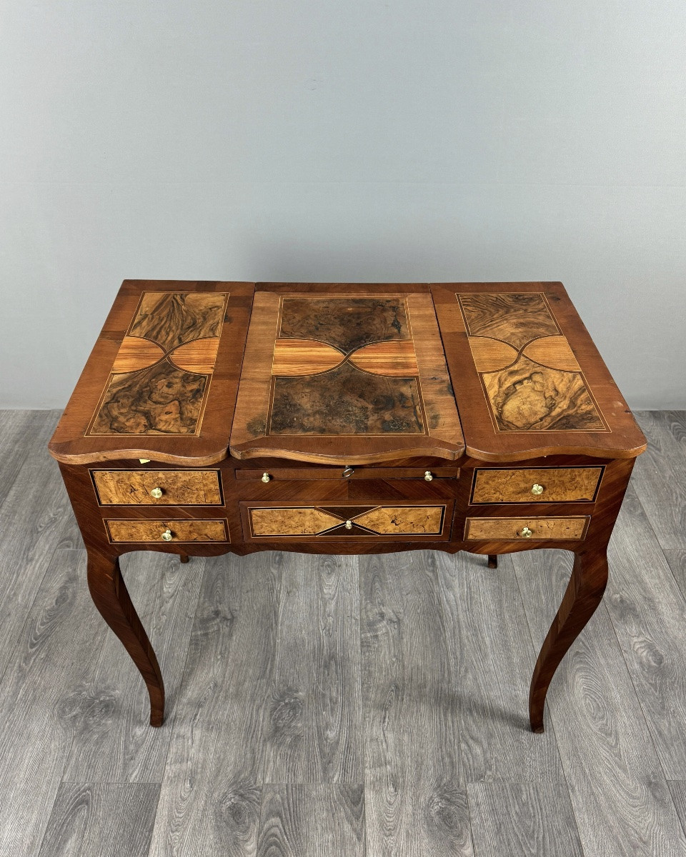 Coiffeuse En Marqueterie Style Louis XV, Table De Toilette À Miroir , XXe Siècle-photo-3