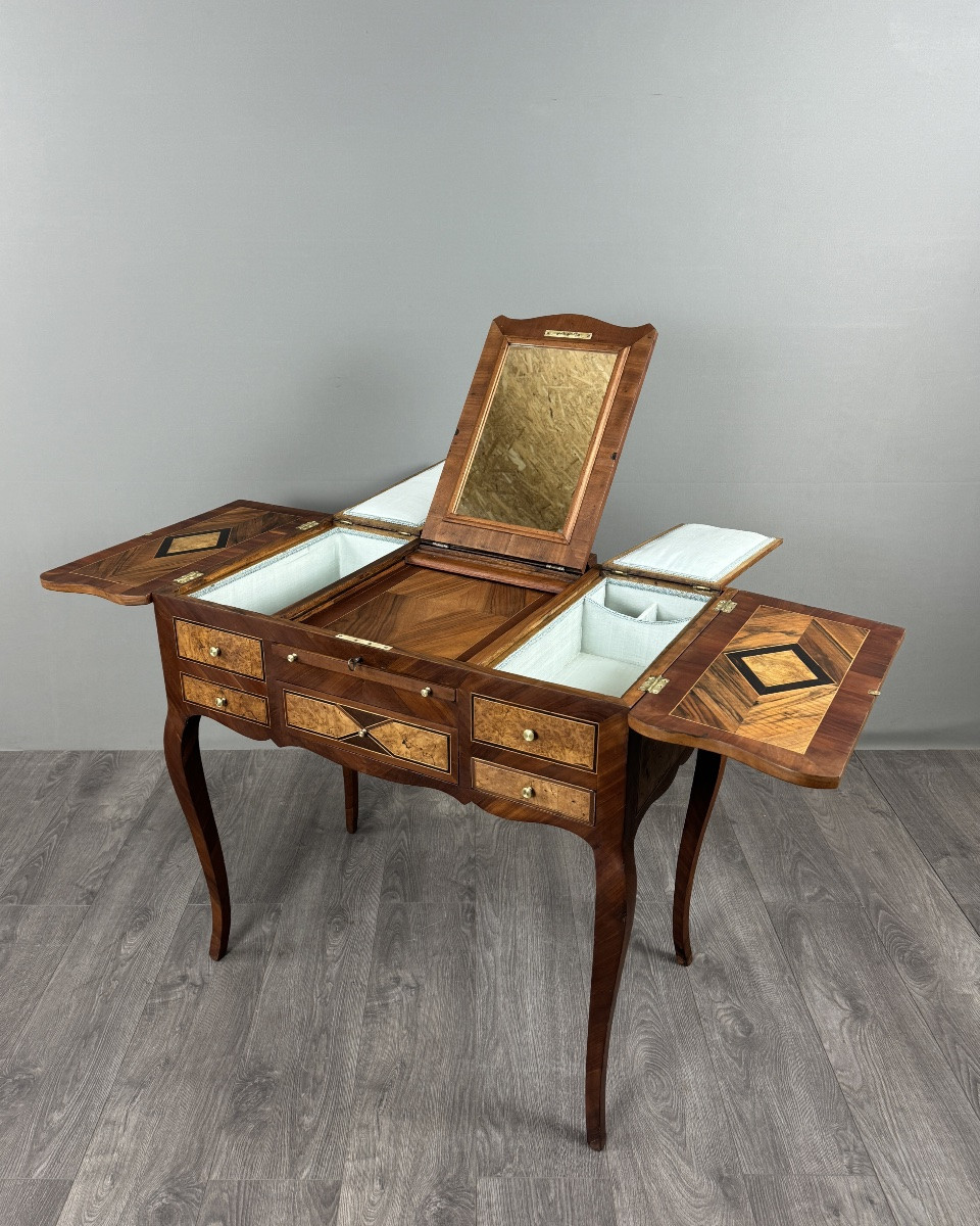 Coiffeuse En Marqueterie Style Louis XV, Table De Toilette À Miroir , XXe Siècle-photo-4