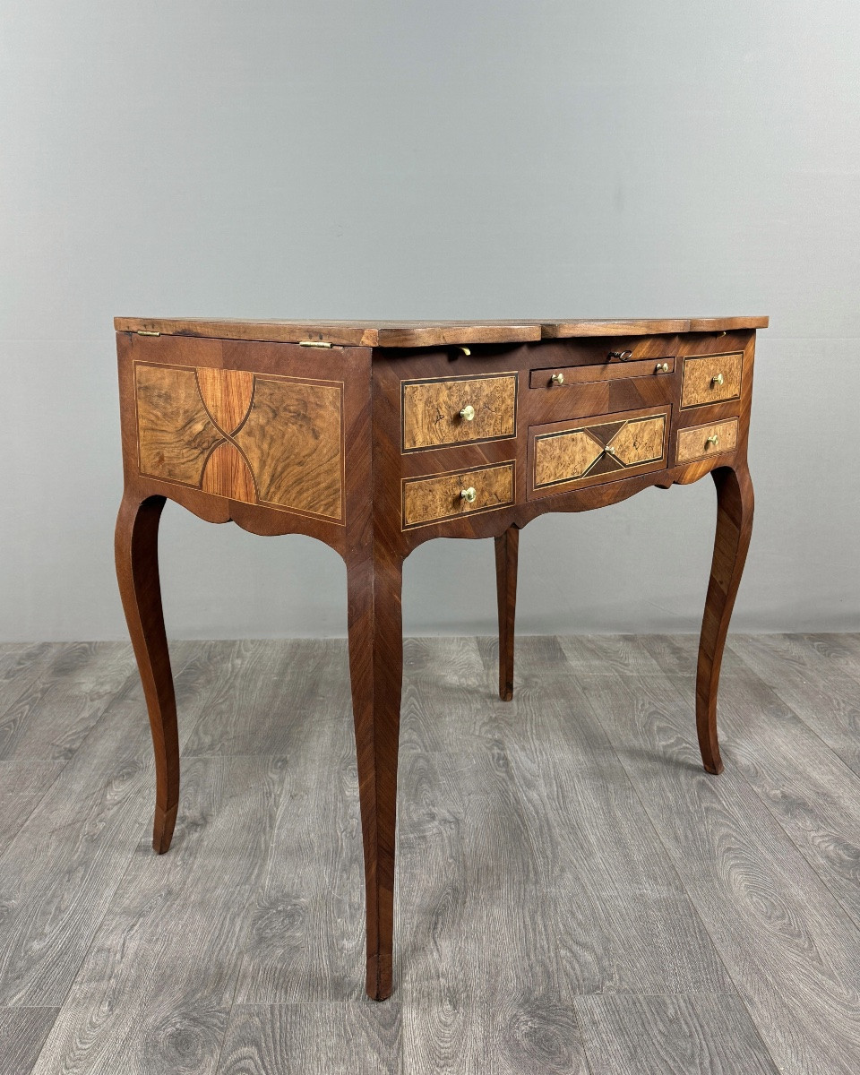 Coiffeuse En Marqueterie Style Louis XV, Table De Toilette À Miroir , XXe Siècle-photo-1