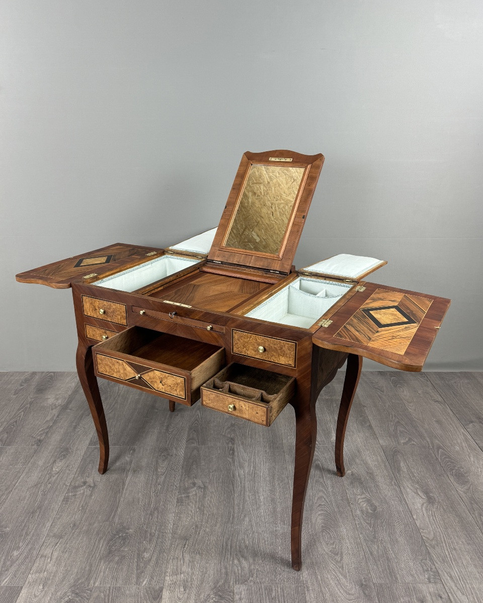 Coiffeuse En Marqueterie Style Louis XV, Table De Toilette À Miroir , XXe Siècle-photo-2