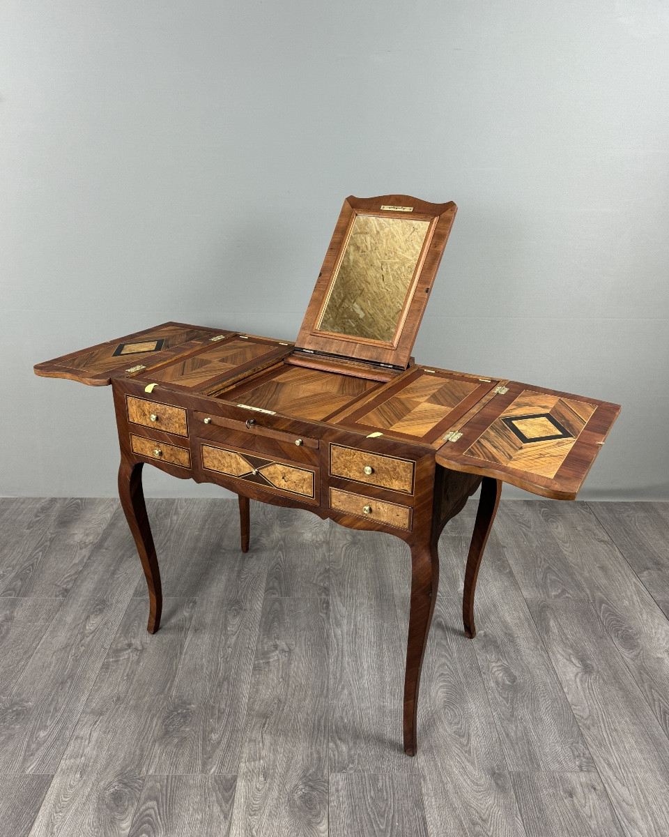 Coiffeuse En Marqueterie Style Louis XV, Table De Toilette À Miroir , XXe Siècle-photo-4