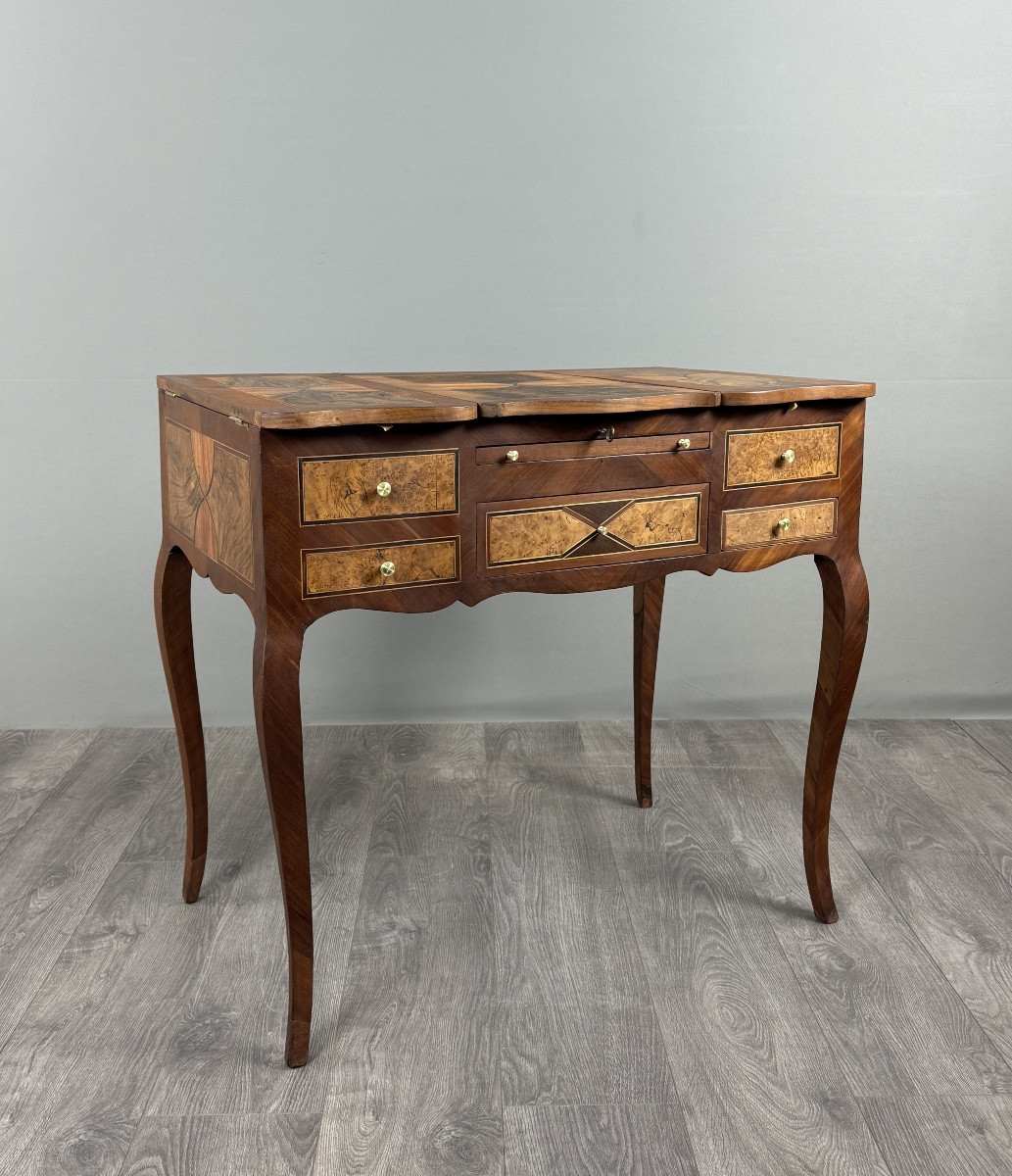Coiffeuse En Marqueterie Style Louis XV, Table De Toilette À Miroir , XXe Siècle