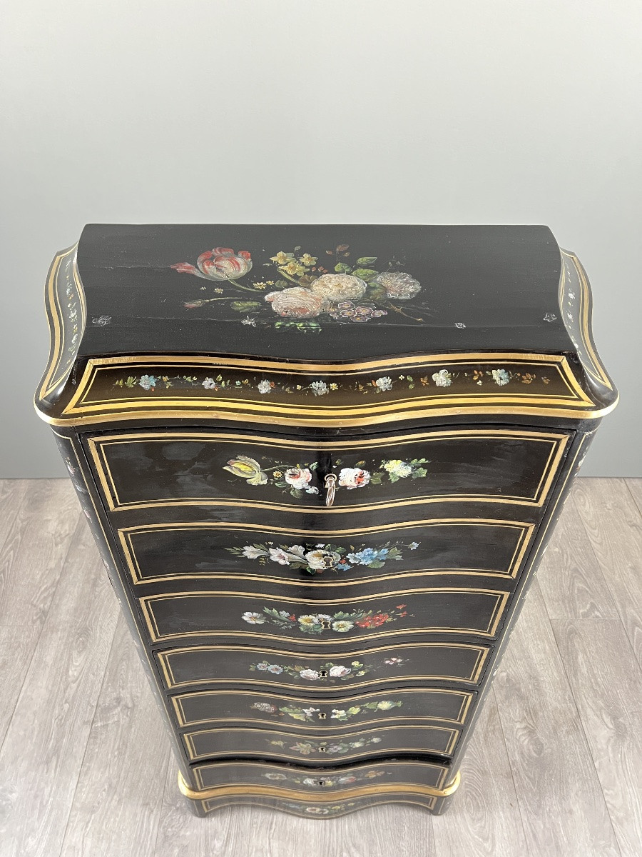 Napoleon III Drop-front Secretary Desk In Black Lacquered Wood, Hand-painted Floral Decoration, Late 19th Century -photo-2