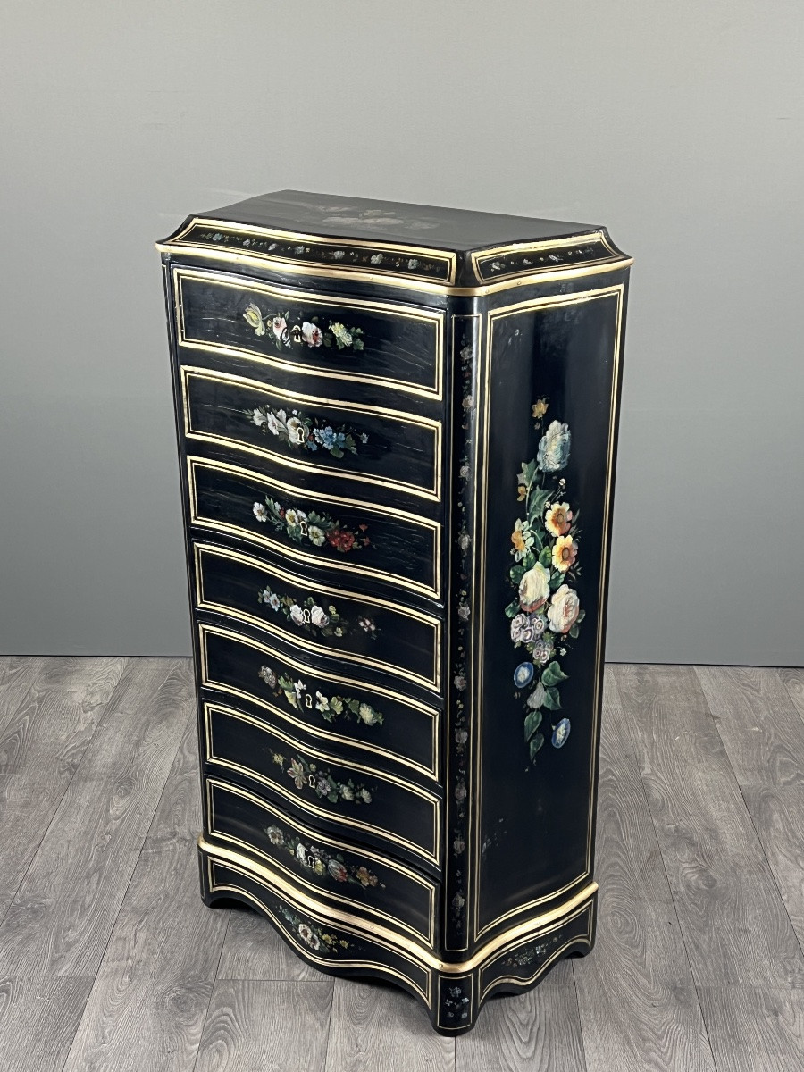 Napoleon III Drop-front Secretary Desk In Black Lacquered Wood, Hand-painted Floral Decoration, Late 19th Century -photo-3