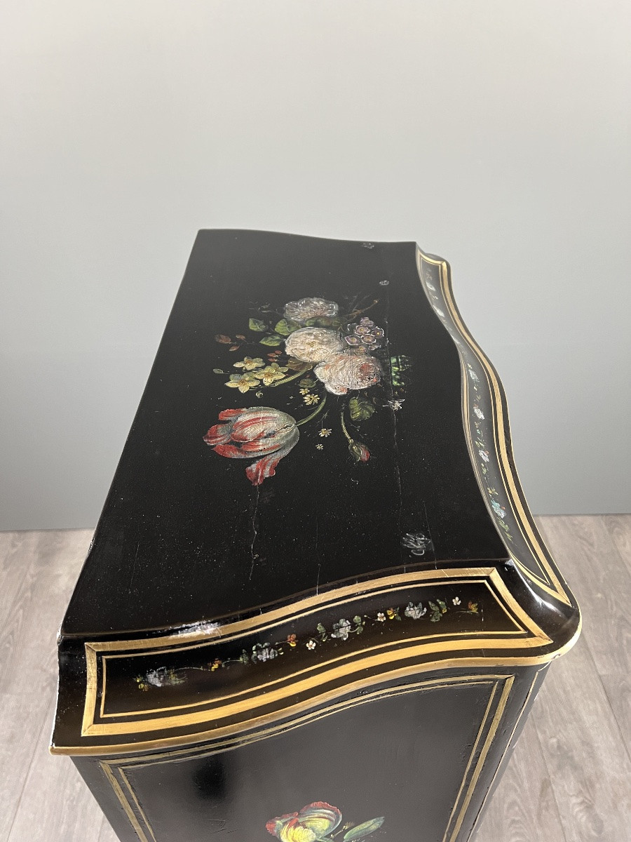 Napoleon III Drop-front Secretary Desk In Black Lacquered Wood, Hand-painted Floral Decoration, Late 19th Century -photo-4