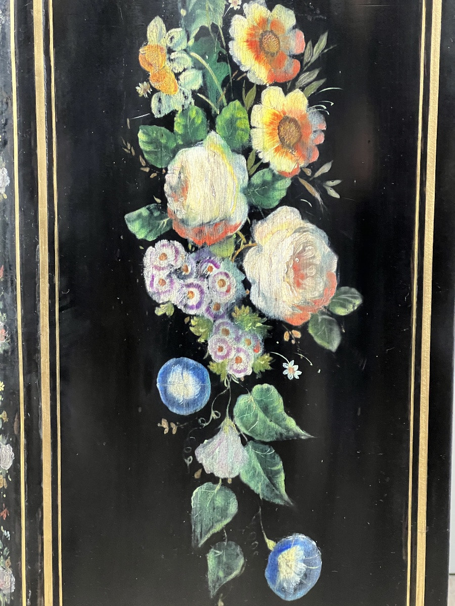 Napoleon III Drop-front Secretary Desk In Black Lacquered Wood, Hand-painted Floral Decoration, Late 19th Century -photo-1
