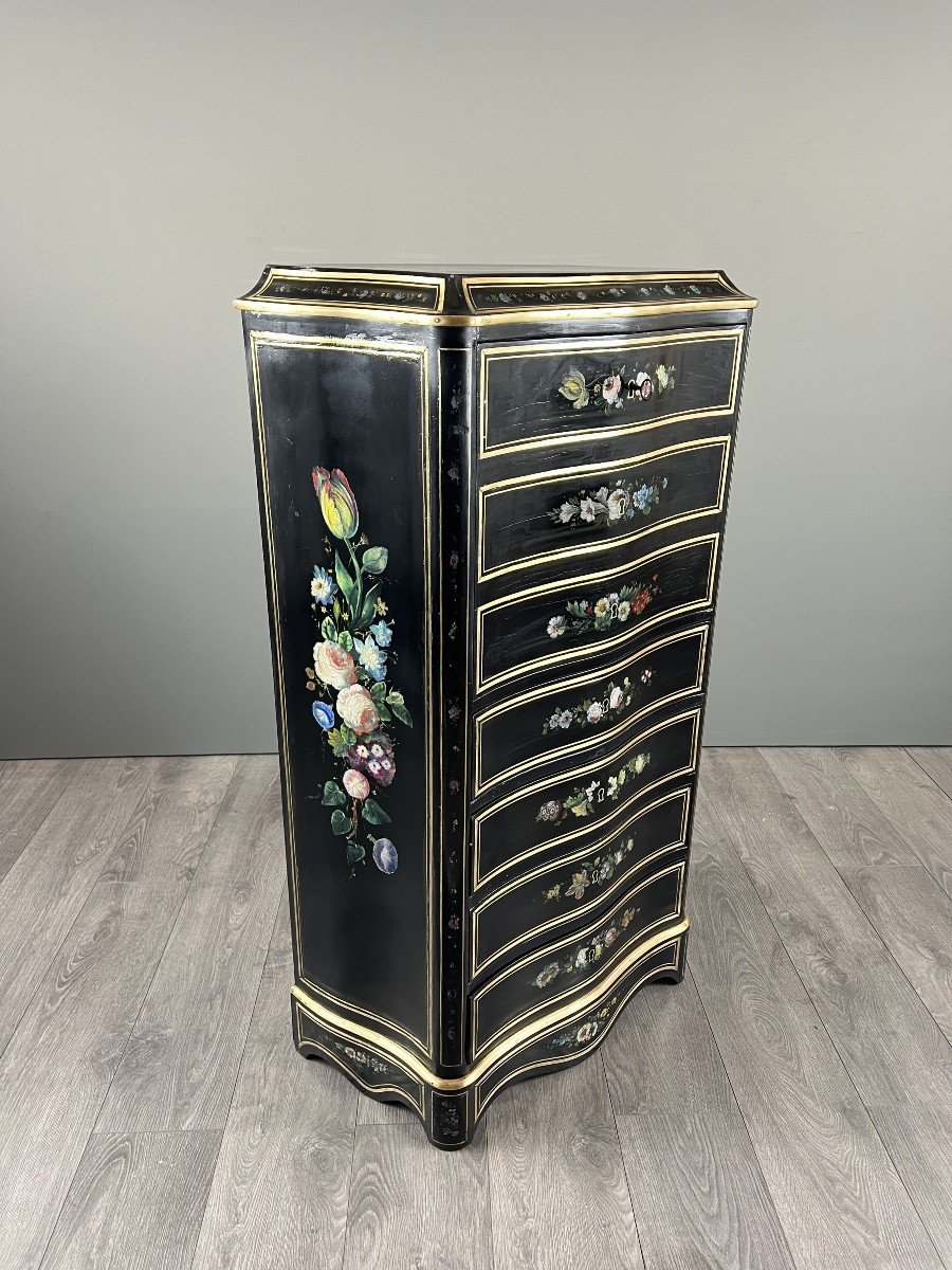 Napoleon III Drop-front Secretary Desk In Black Lacquered Wood, Hand-painted Floral Decoration, Late 19th Century -photo-3