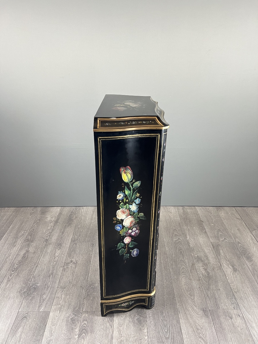 Napoleon III Drop-front Secretary Desk In Black Lacquered Wood, Hand-painted Floral Decoration, Late 19th Century -photo-4