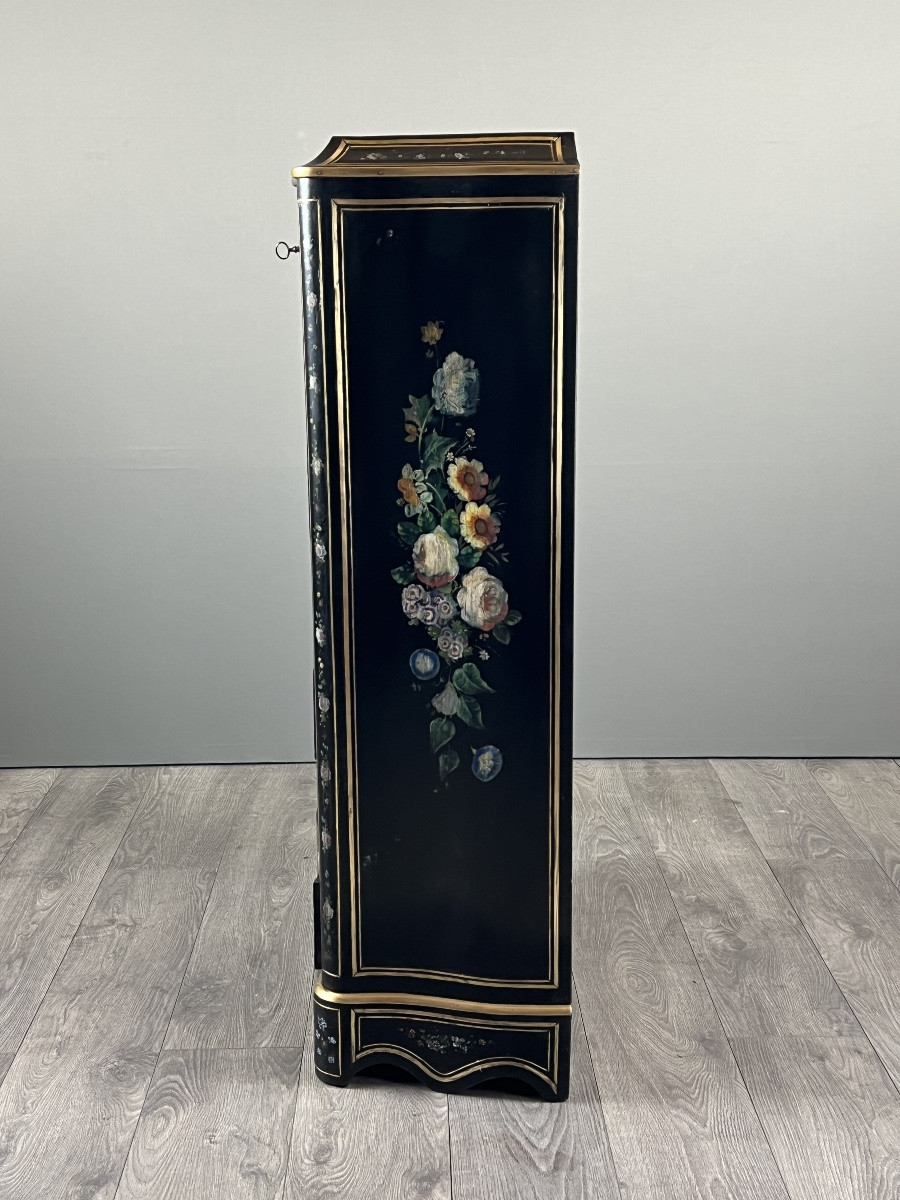 Napoleon III Drop-front Secretary Desk In Black Lacquered Wood, Hand-painted Floral Decoration, Late 19th Century -photo-5