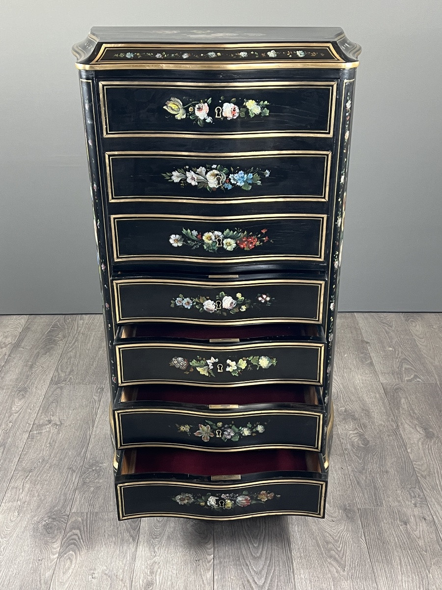 Napoleon III Drop-front Secretary Desk In Black Lacquered Wood, Hand-painted Floral Decoration, Late 19th Century -photo-6