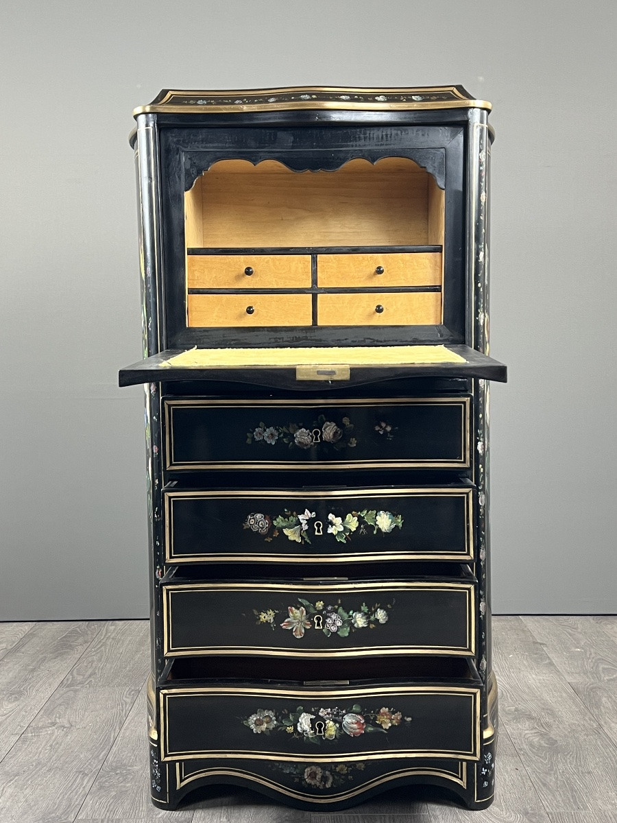 Napoleon III Drop-front Secretary Desk In Black Lacquered Wood, Hand-painted Floral Decoration, Late 19th Century -photo-7